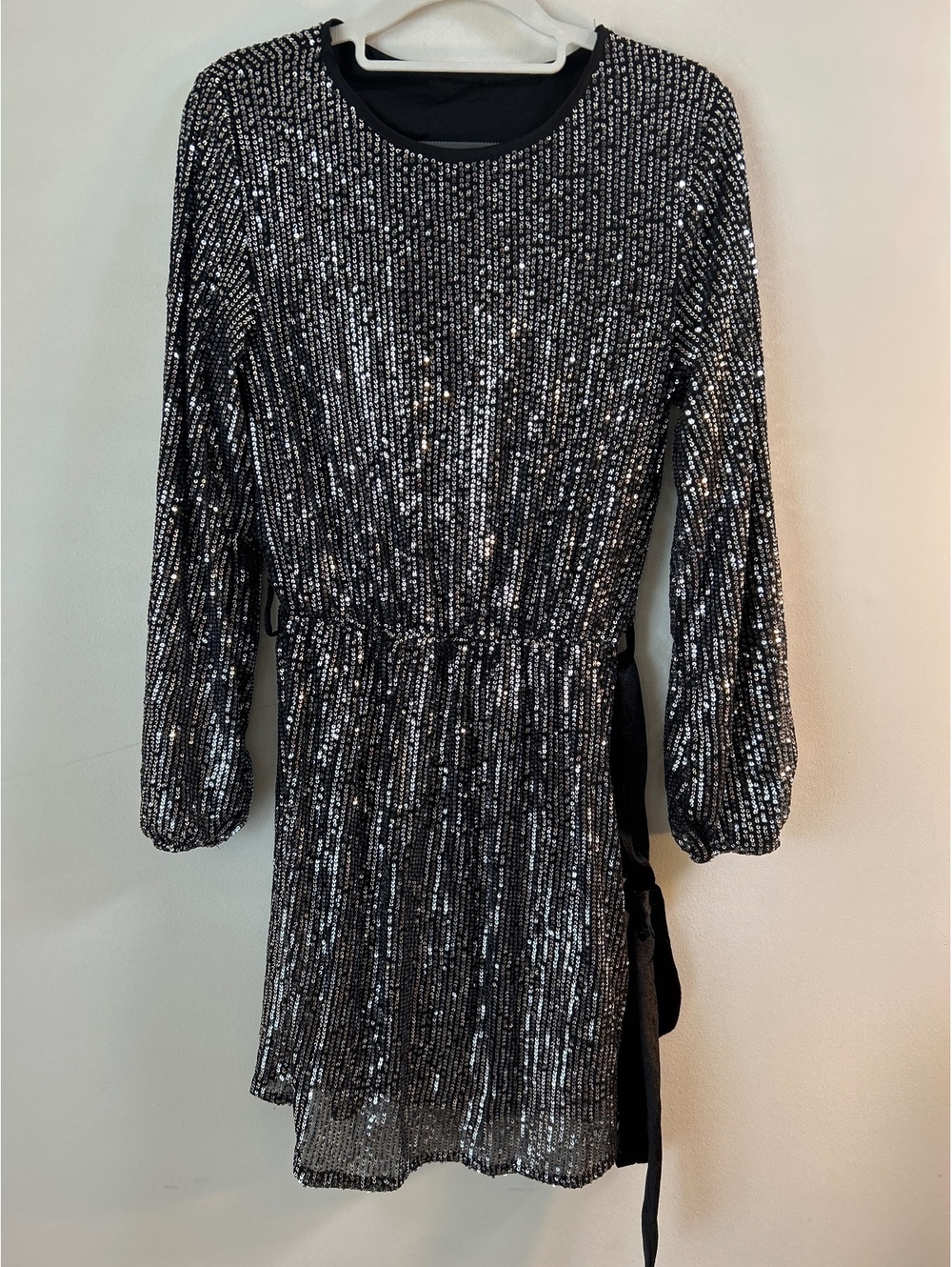 Black and Silver Sequin Long Sleeve Mini Dress with Waist Tie